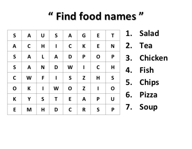 “ Find food names ” <br />SAUSAGETACHICKENSALADPOPSANDWICHCWFISZHSOKIWOZIOKYSTEAPUEMHDCRSP<br /><ul><li>Salad 